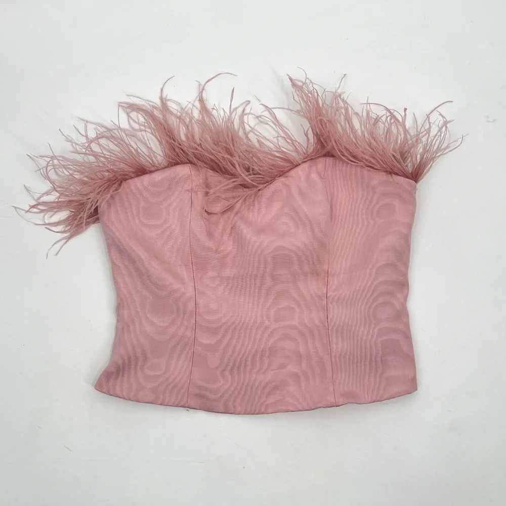 LPA Aida Pink Ostrich Feather Crop Tube Elegant Pink Feathered Women's Top - Picture 2 of 5